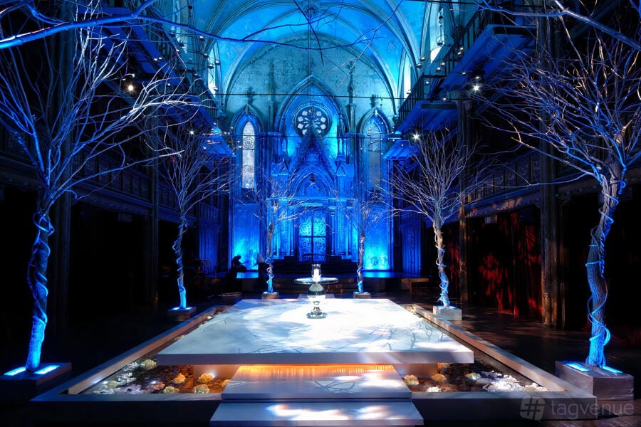 Winter White Gala: bare white winter trees and blue-white uplighting under the arches at Orensanz Events, New York City
