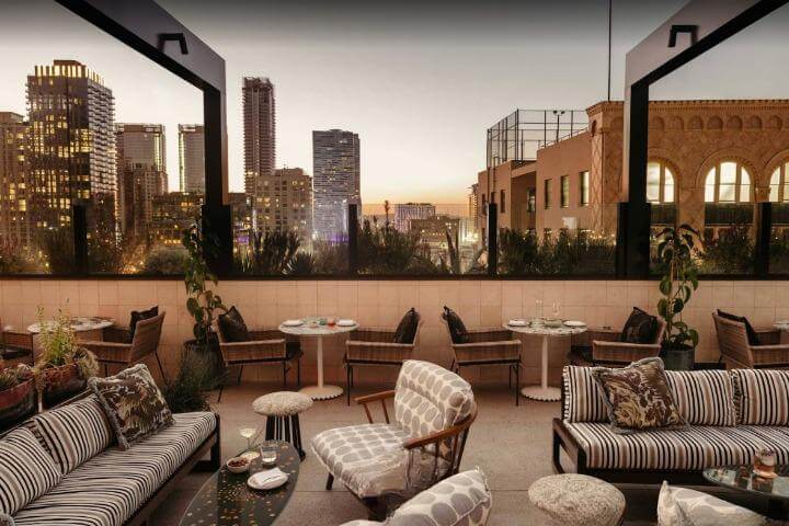 rooftop venue in Los Angeles, with comfortable furnitures and beautiful view