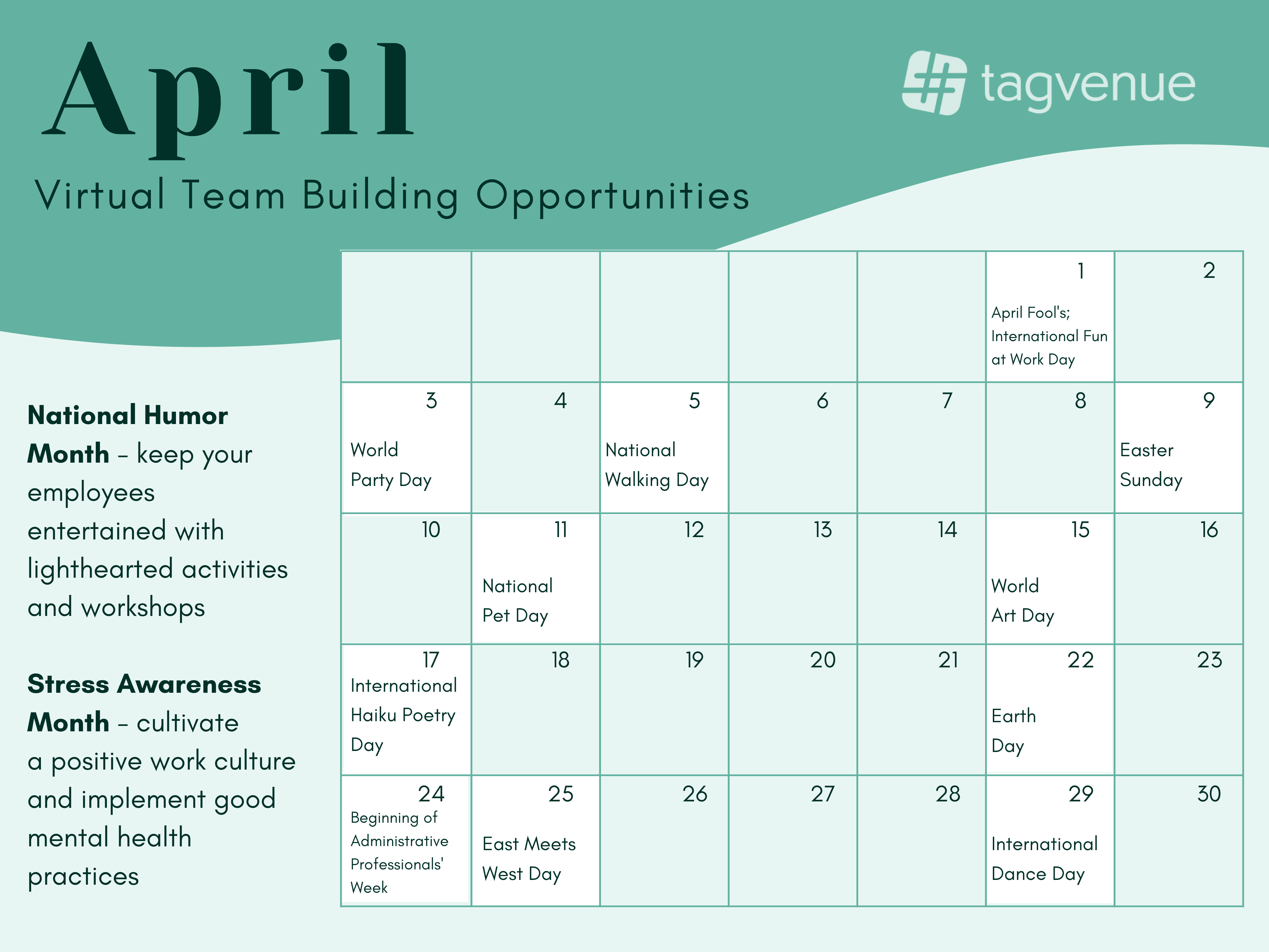 april team building calendar for companies