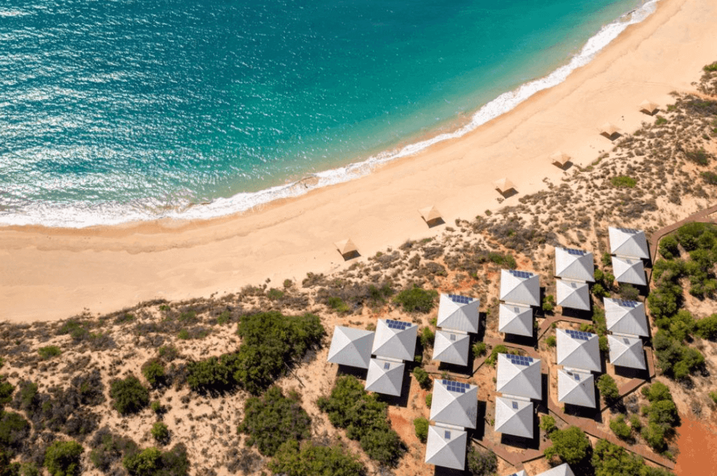 bird view of a few buildings by the ocean beach