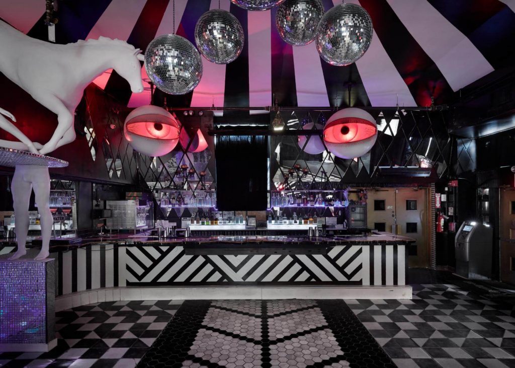 quirky black and white party venue with disco balls