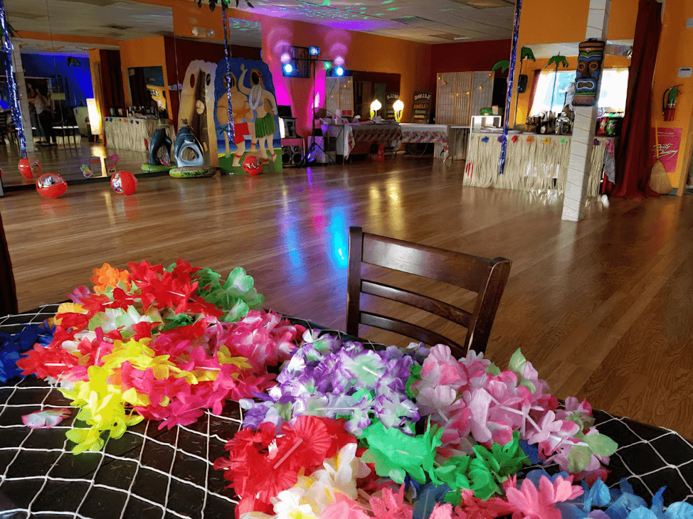A dance studio decorated for a party