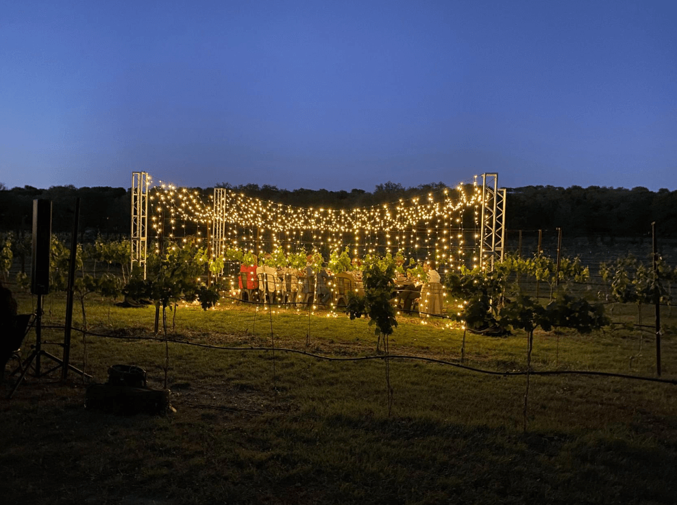 an outdoor party table lit with fairy lights