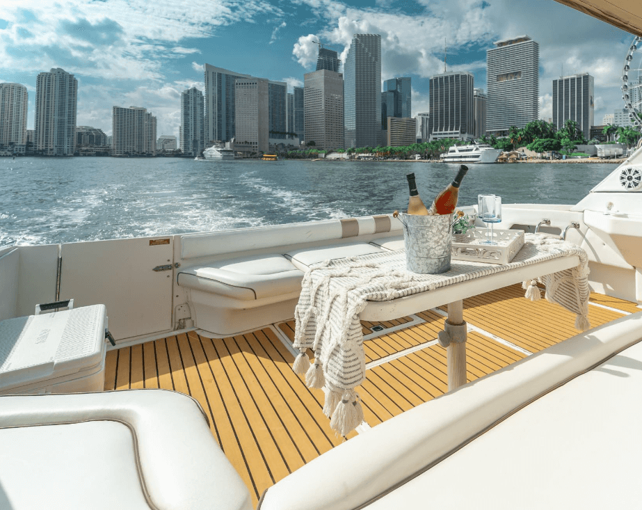 A boat deck overlooking the skyscrapers of Miami