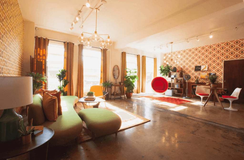 70s themed living room turned party venue