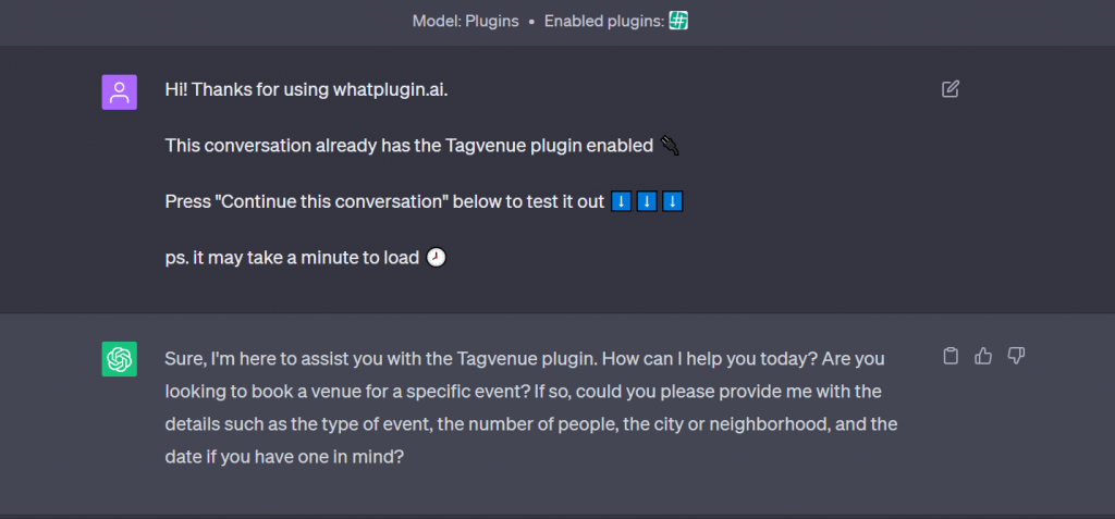 Trial of the Tagvenue ChatGPT Plugin