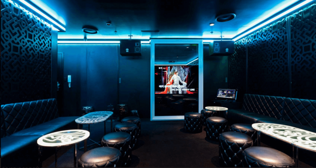 Colourfully lit up karaoke room