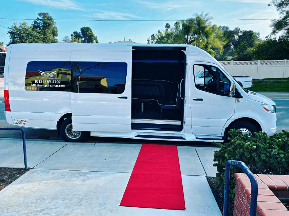 party bus with red carpet leading to it