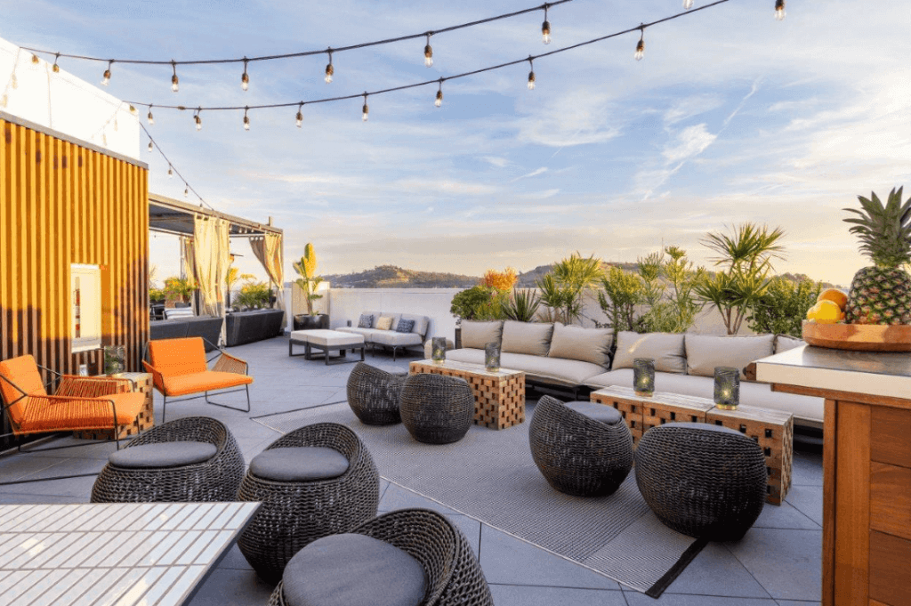 rooftop lounge venue during sunset