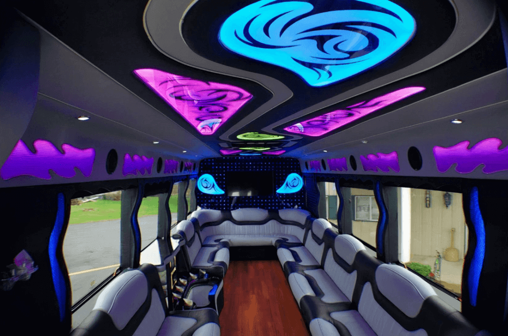 A colorful inside of a party bus