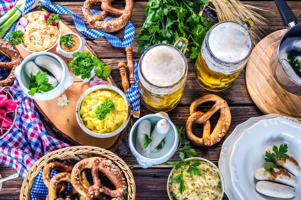 Oktoberfest food on a wooden table