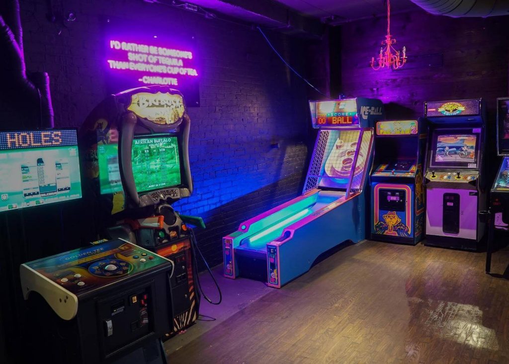 colourful room with arcade games