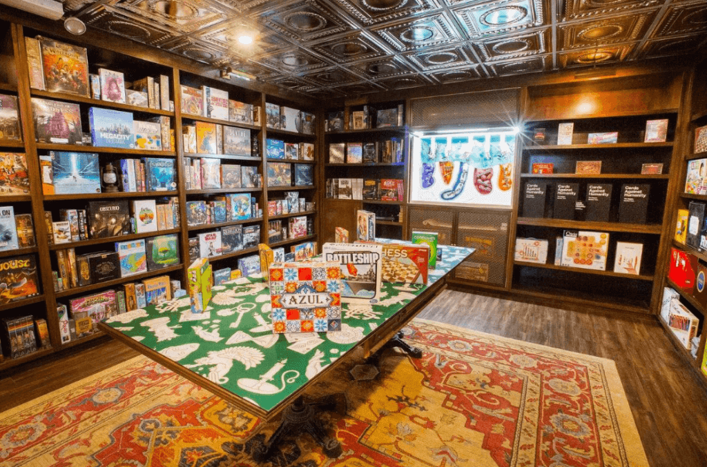 a room full of board games on display