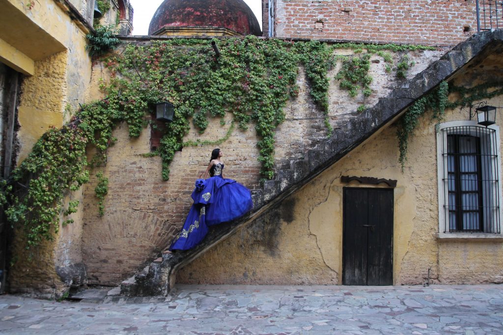 a girl in a blue princess dress climbing the stairs