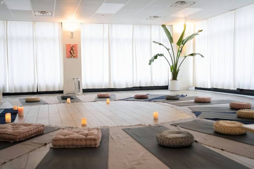 A room set up for a yoga class