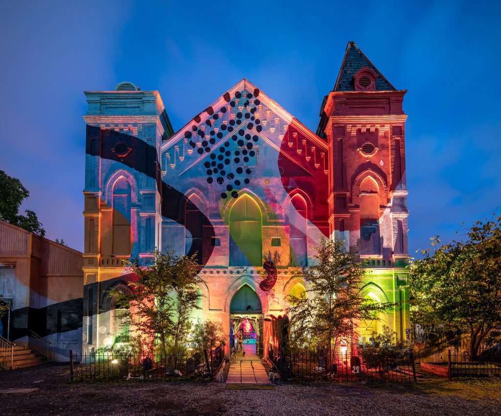 colorfully lit up front of the Culture House in DC