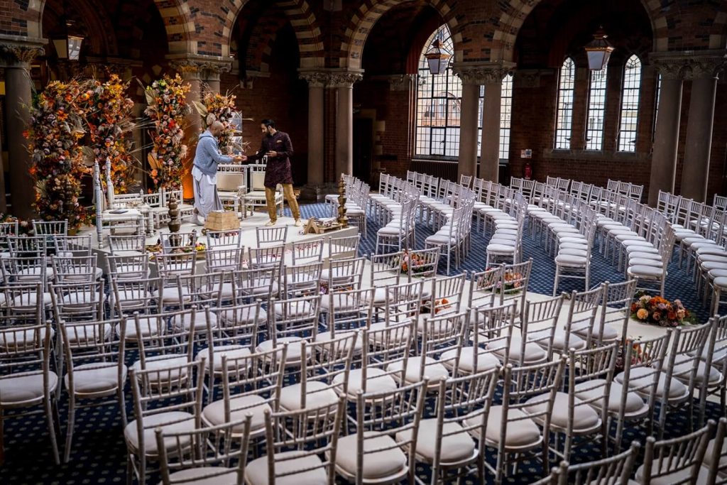A wedding ceremony venue with curved theatre-style seating.