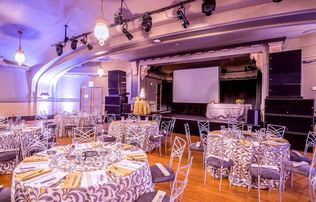 an elegant ballroom set up for a sit-down event