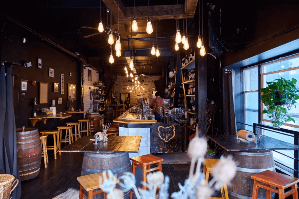 wood-decorated bar room in a restaurant