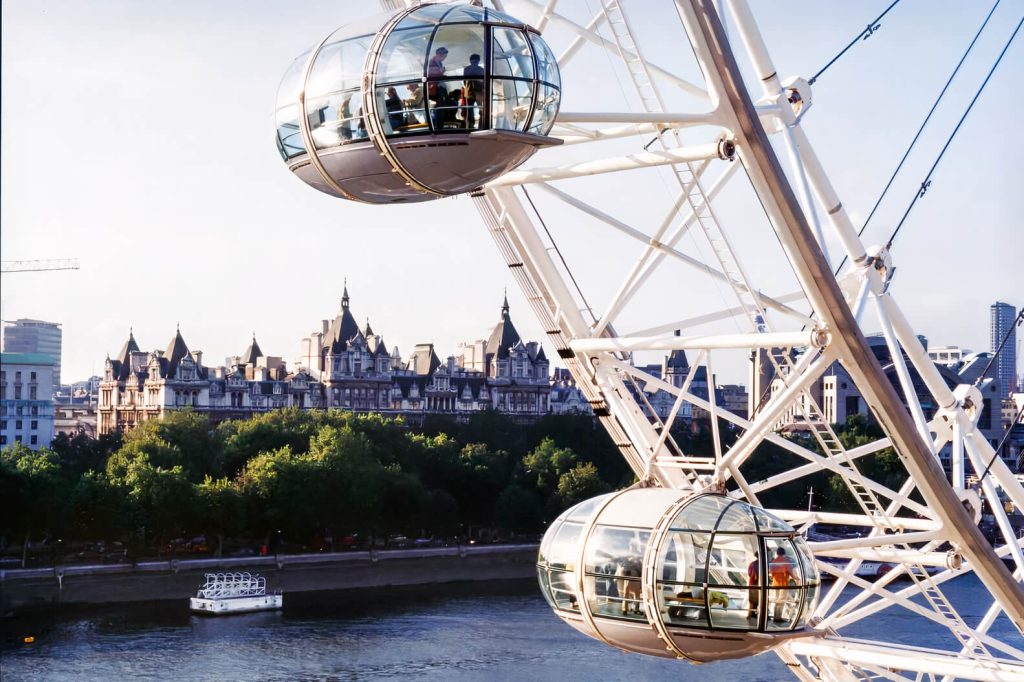 Private capsule on the London Eye overlooking the River Thames, a top pick for exclusive summer party ideas in London.