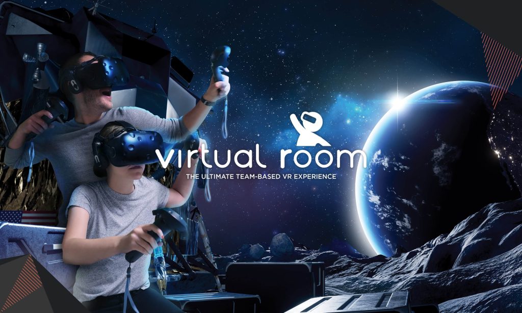 Virtual reality gaming experience with two people wearing VR headsets and motion controllers against a cosmic backdrop, at Virtual Room Singapore.