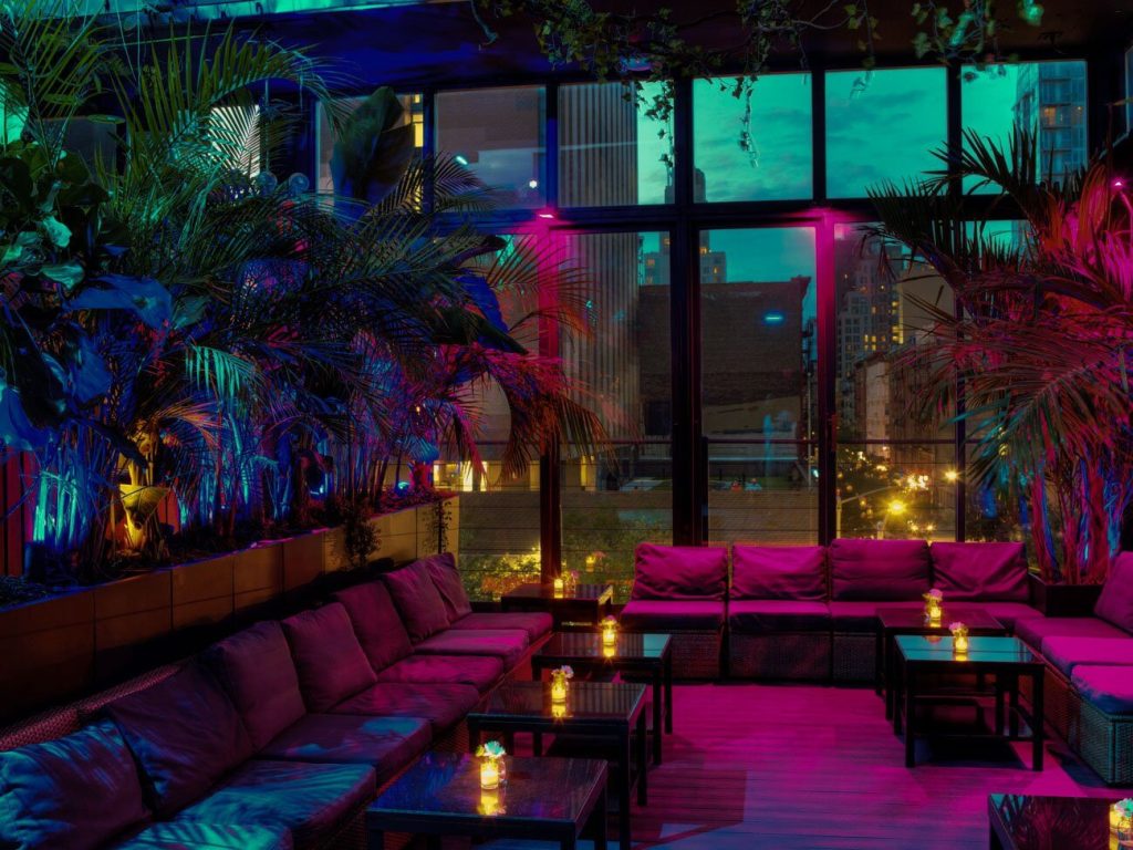A trendy rooftop lounge with comfortable seating and vibrant blue and purple lighting. The area is filled with lush greenery, adding to the ambiance of an urban oasis with a view of the cityscape through large windows.