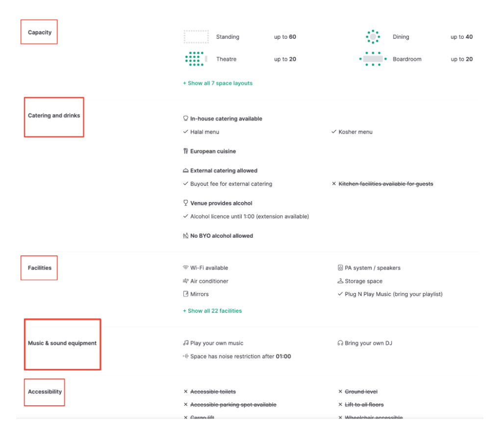 Filters and amenities options for venue listings on Tagvenue