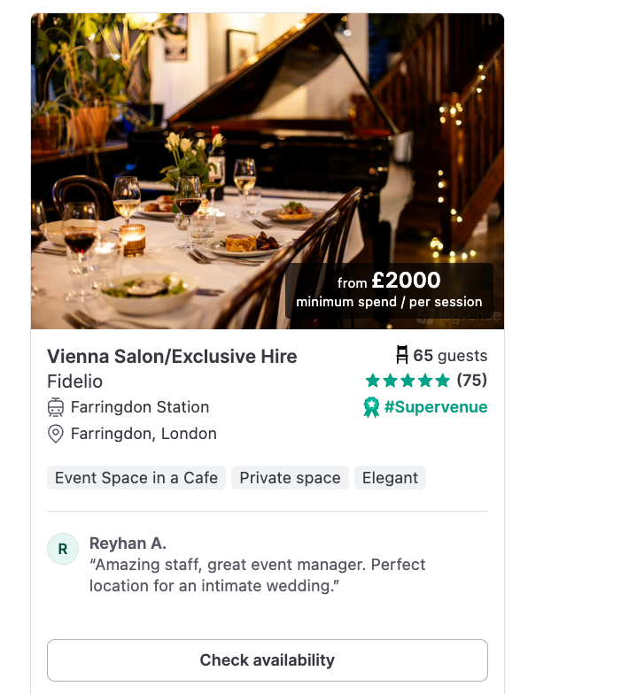 Supervenue badges are displayed on some venue pages to show which spaces provide the best service in terms of feedback, reviews, and experiences
