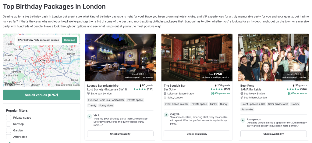 A homepage displaying venues providing packages for birthdays in London. 