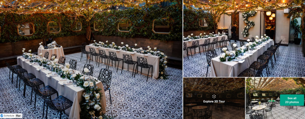 Wedding setup with long tables adorned with white roses and white tableware. 
