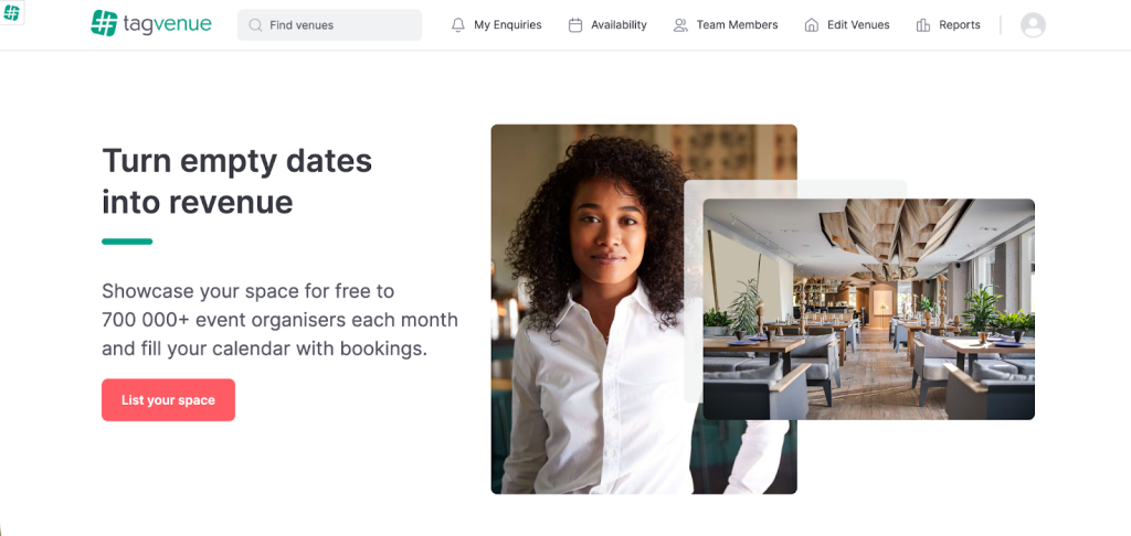 Listing your space on Tagvenue: The image shows a button for venue managers to list their space. 