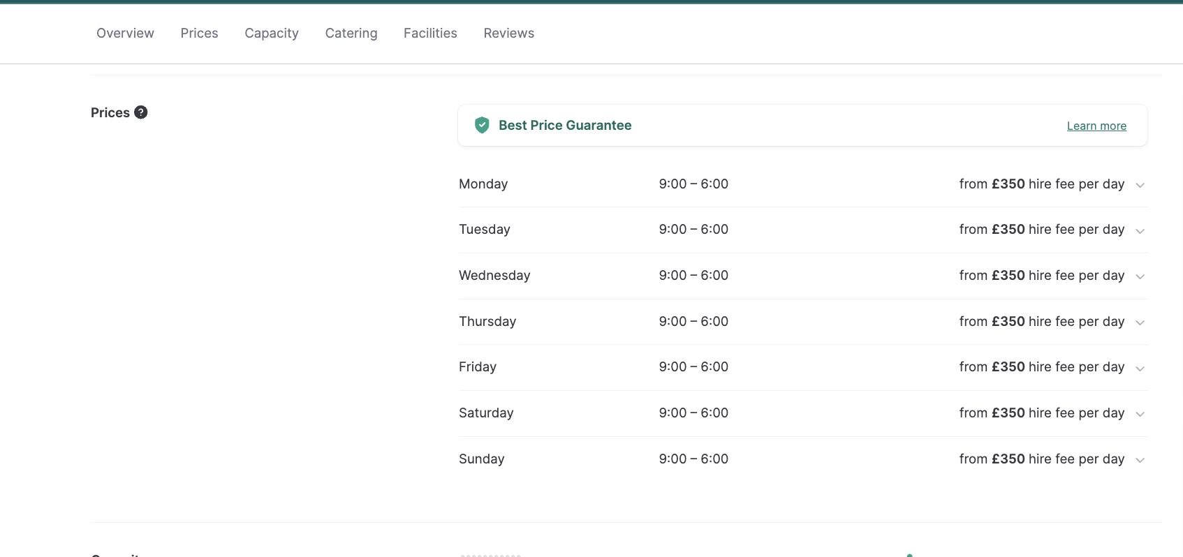 Venue overview, pricing details, capacity, catering options, facilities, and reviews are clearly displayed on the venue pages