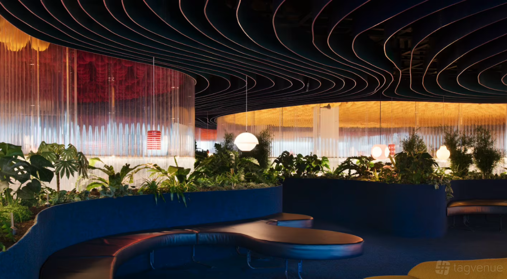 An open-air rooftop with city views and a private bar.
