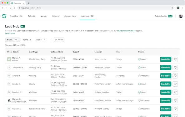 Lead Hub - a list of event planners searching for venues, with their budget, event date, and preferred location