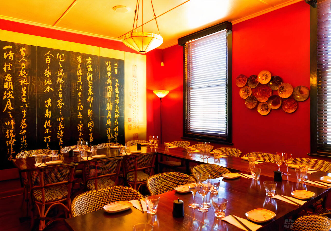 A restaurant function room with red walls, Japanese calligraphy mural, and long wooden tables at Chin Chin's at Koto Moon.