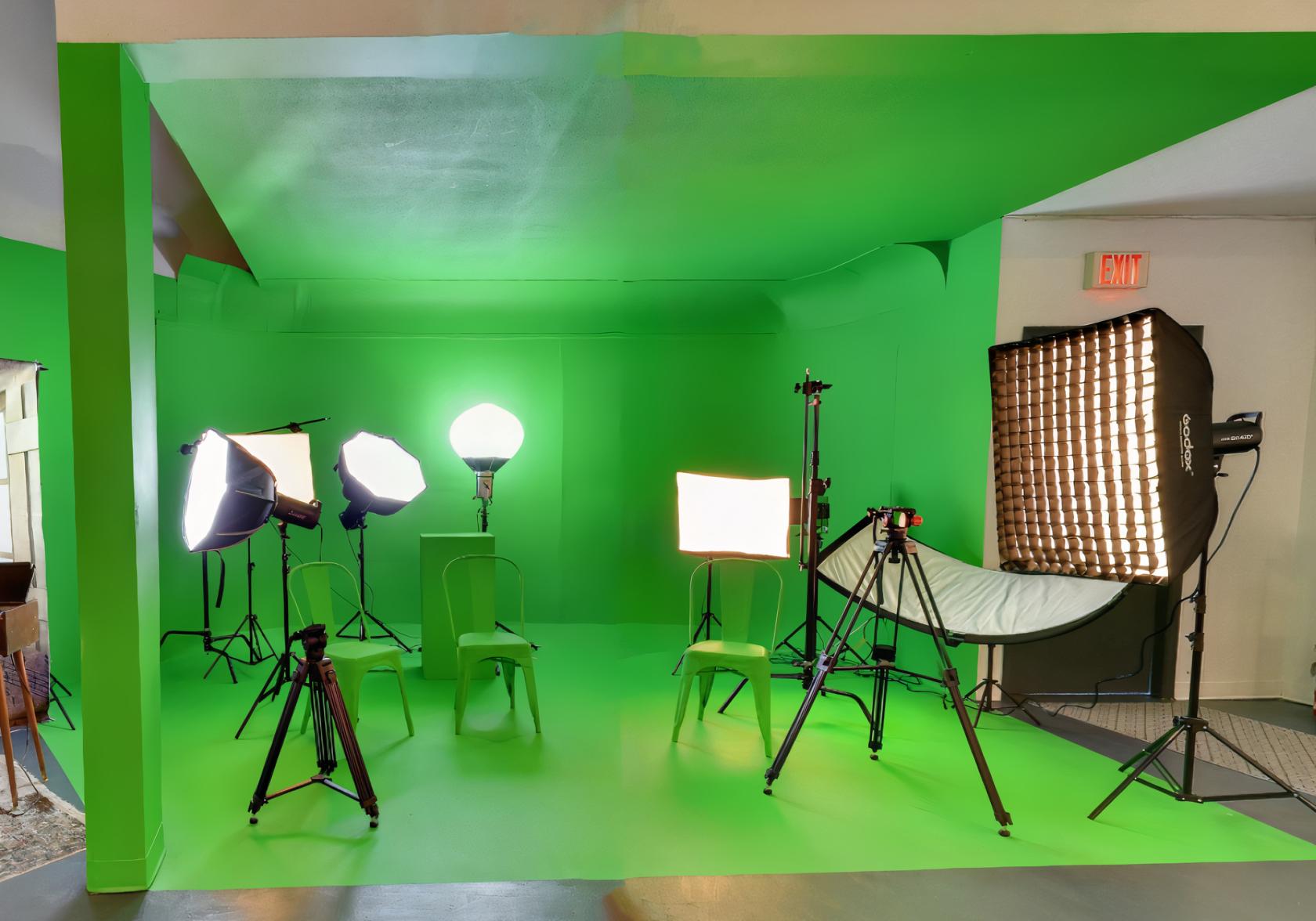A film studio with a full green screen backdrop, studio lights, and green chairs at Mirage Studio.