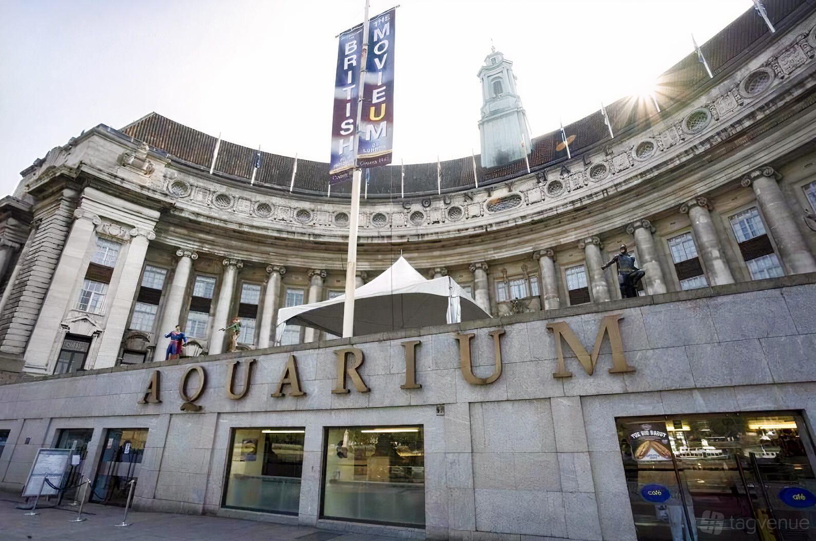 An event venue with large stone columns and an arched facade under the Sea Life London Aquarium signage.