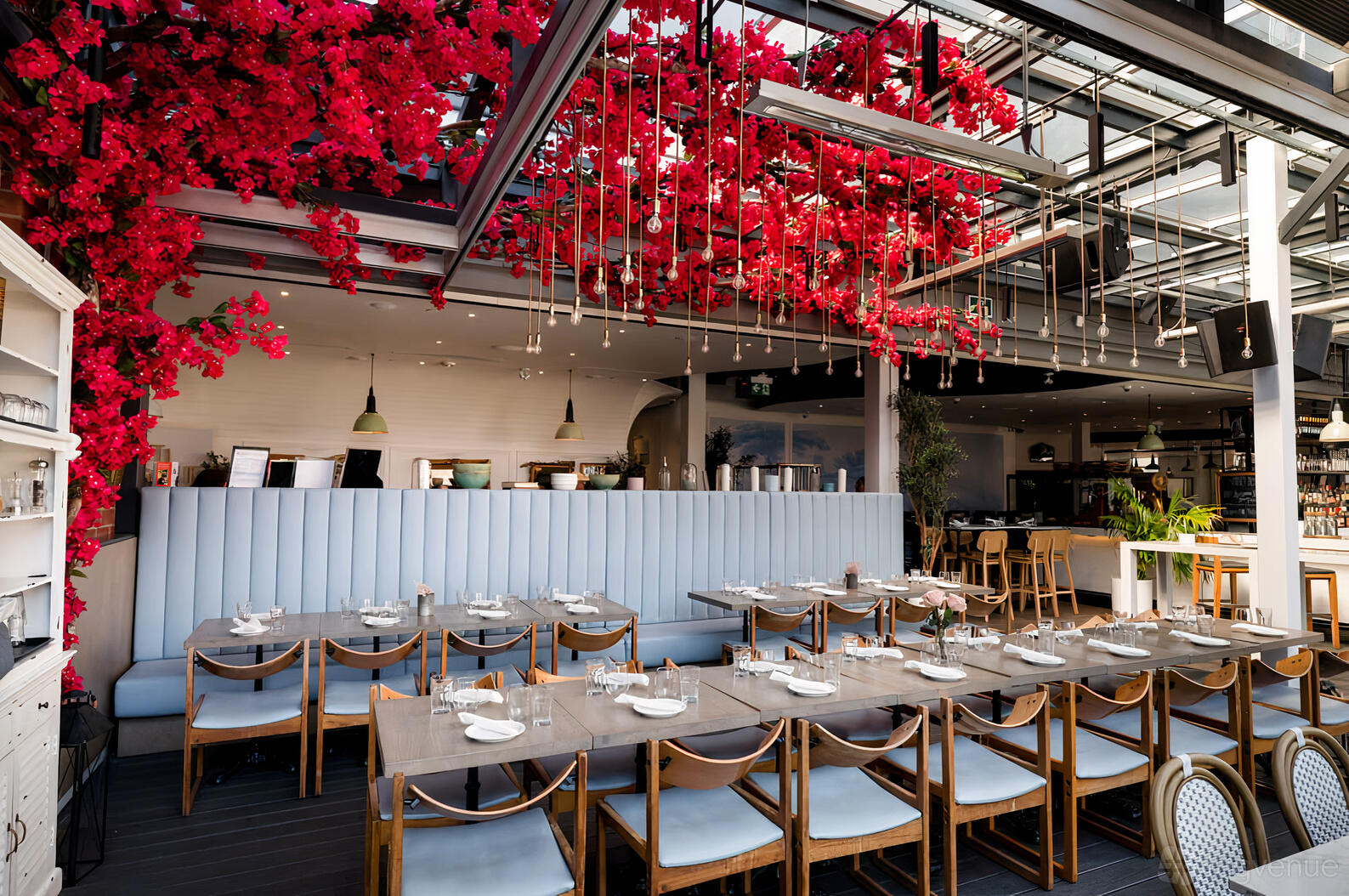 A restaurant dining room with long tables, blue banquette seating, and red floral ceiling decor at Nodo Liberty.