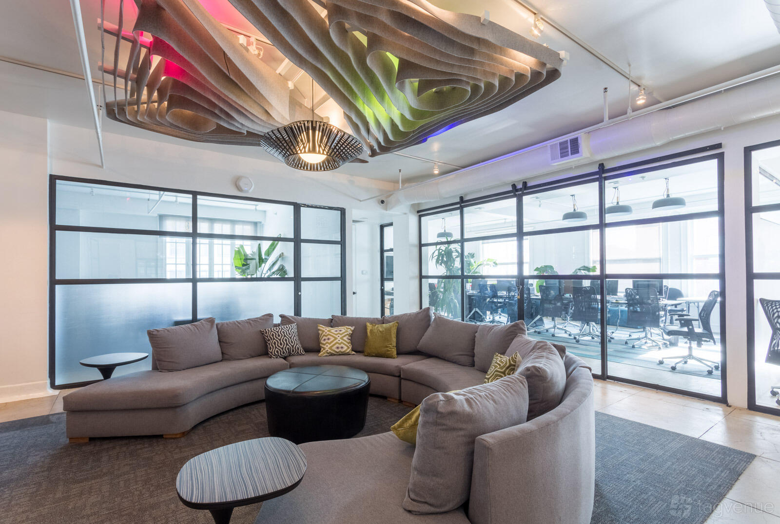 An event space with a curved gray sectional sofa, modern lighting fixture, and glass partition walls at The Collection.