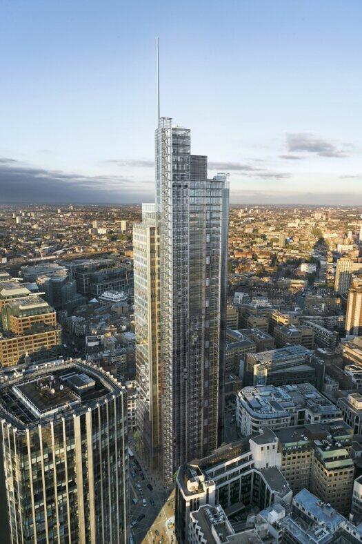 A glass skyscraper with reflective windows towering above the cityscape at Landmark: Heron Tower, London.
