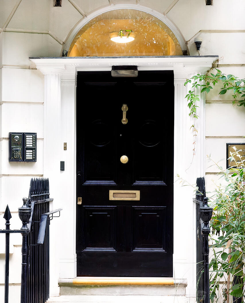 An entrance hall with a black door, brass fittings, and white columns at Guild of Psychotherapists.