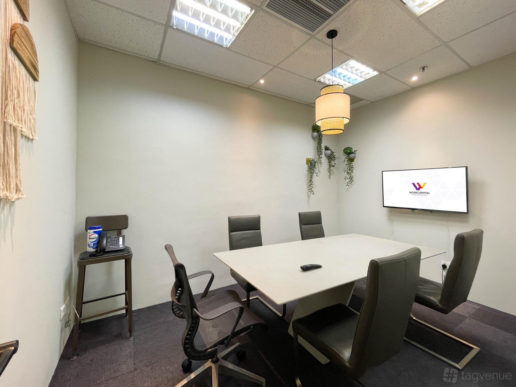 A meeting room with a rectangular table, six office chairs, wall-mounted screen, and hanging plants at Workcentral