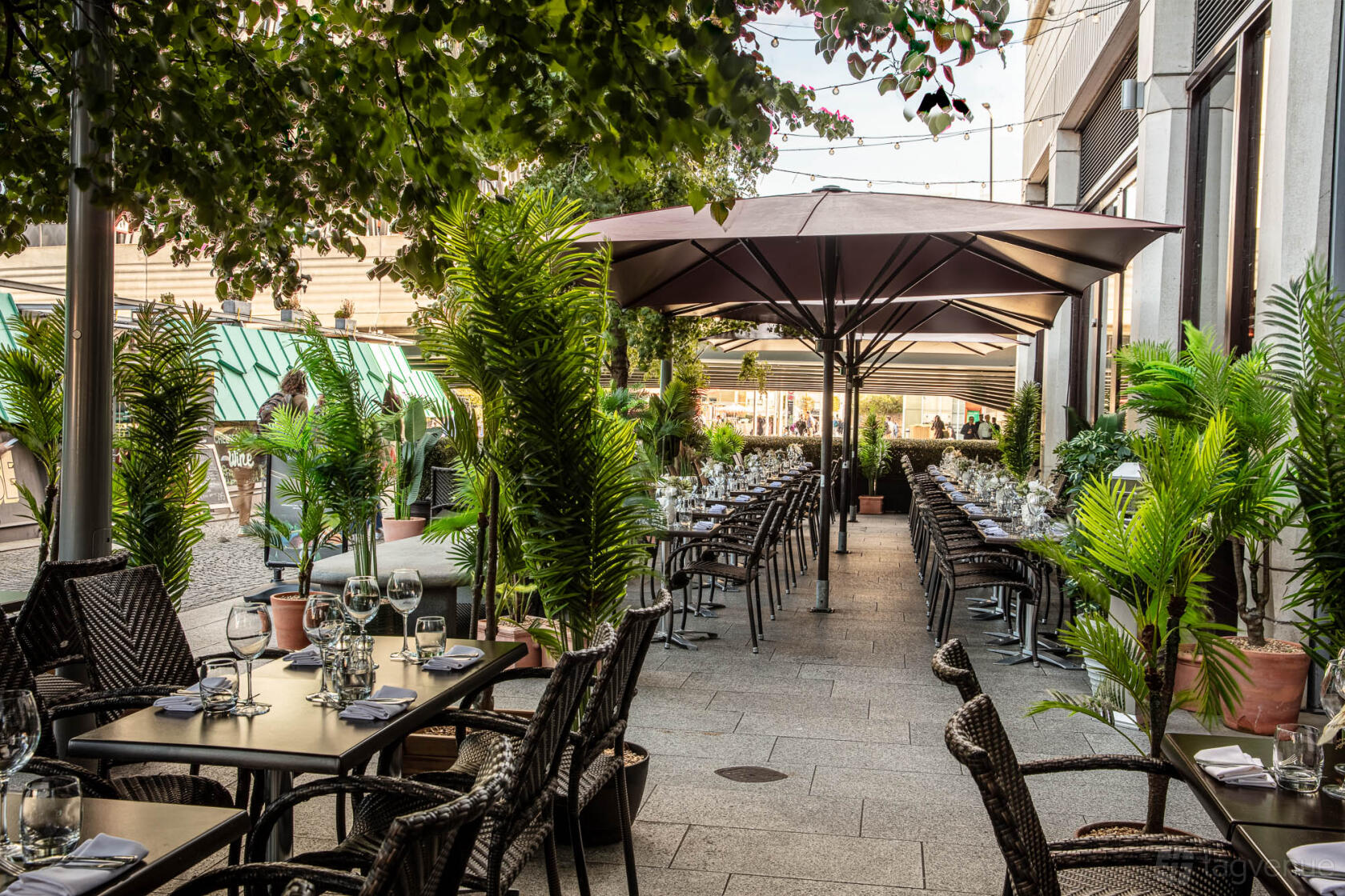 An outdoor restaurant terrace with wicker chairs, set tables, potted palms, and large umbrellas at Smith's Bar & Grill.