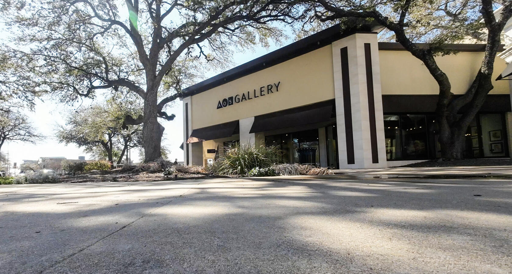 A gallery with a beige exterior, large windows, and mature trees at Ao5 Gallery.