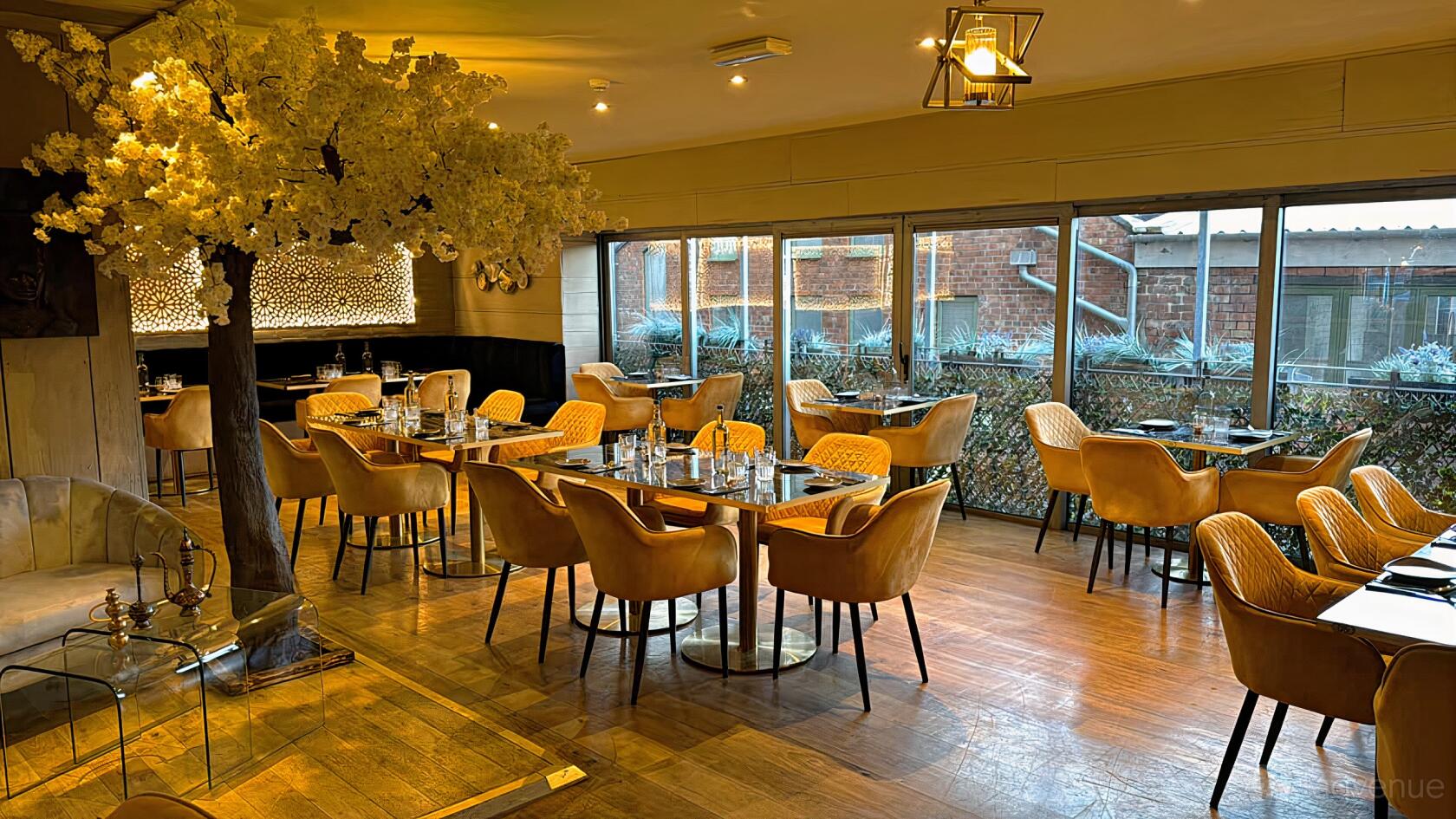 A restaurant with yellow upholstered chairs, wood flooring, and a decorative tree beside large windows at Haveli The Yard.