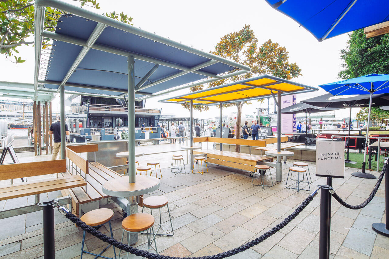An outdoor pub area with wooden benches, round tables, and colorful umbrellas at The Sporting Globe King Street Wharf.