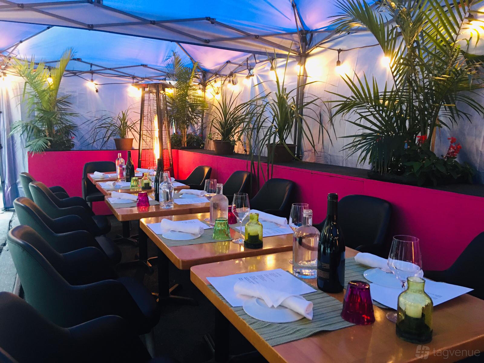 A restaurant patio with covered seating, potted plants, string lights, and set tables at Saar Indian Cuisine & Bar.