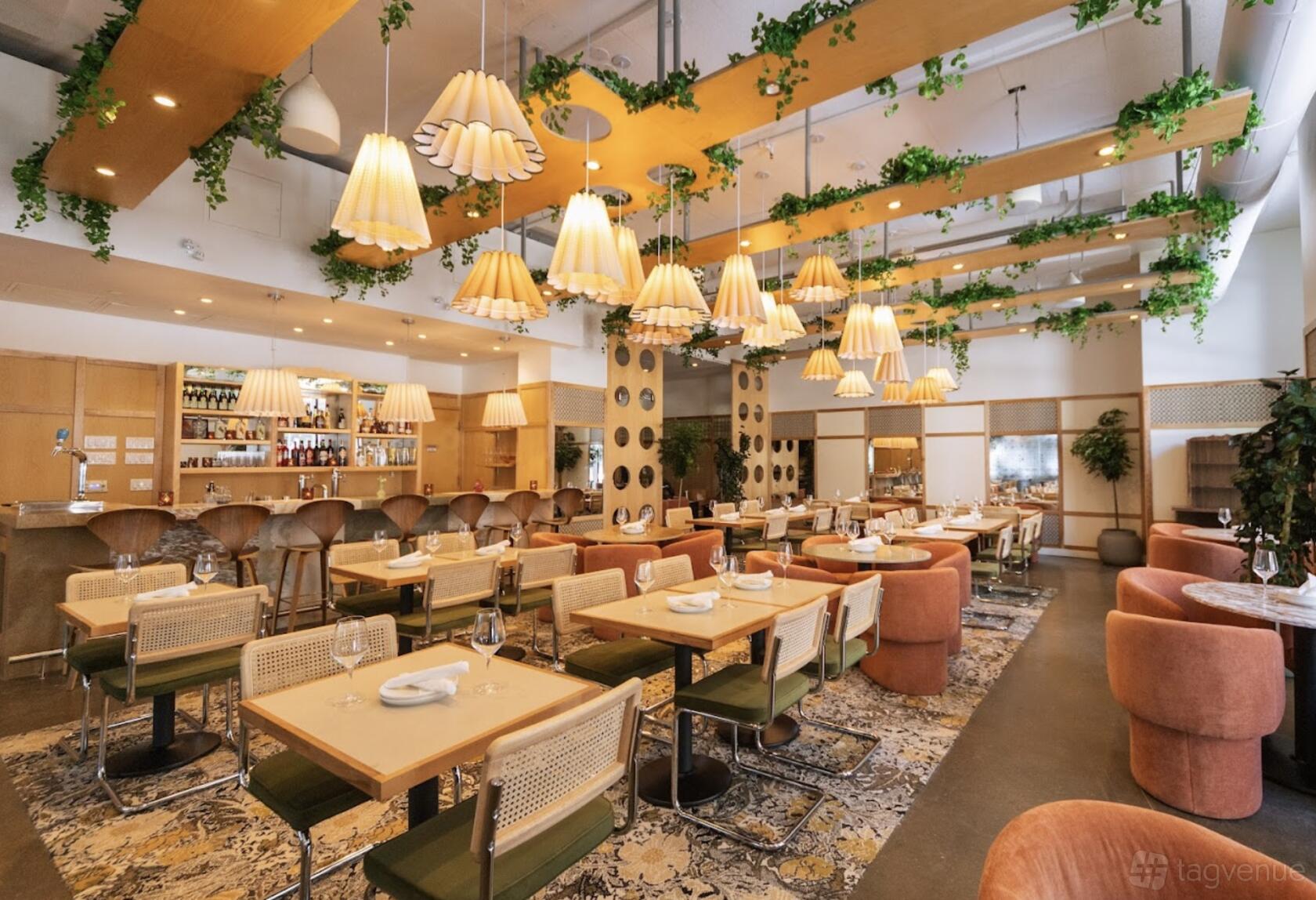 A cafe with hanging pendant lights, greenery on ceiling beams, and wood tables with cushioned chairs at Cafe Zuzu.