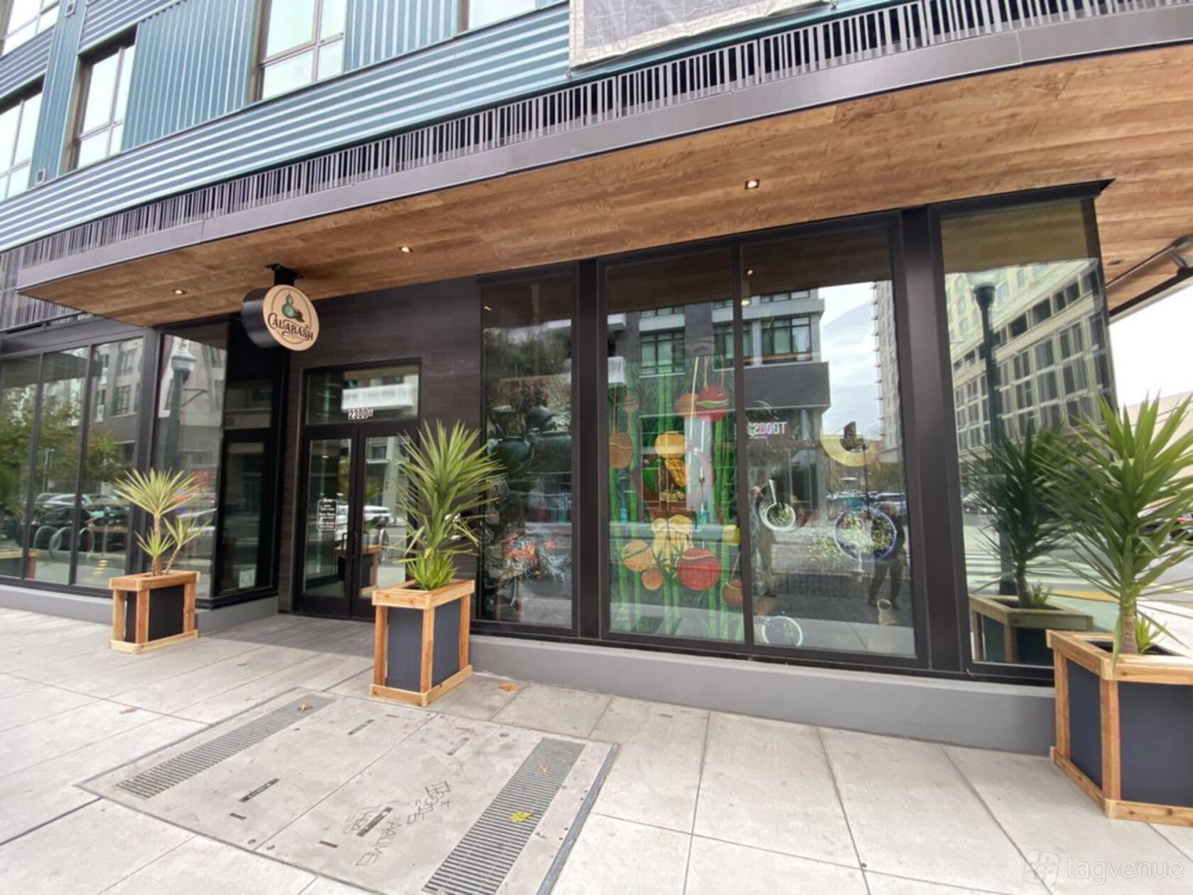 A restaurant with large windows, potted plants, and colorful artwork on the glass at Calabash.
