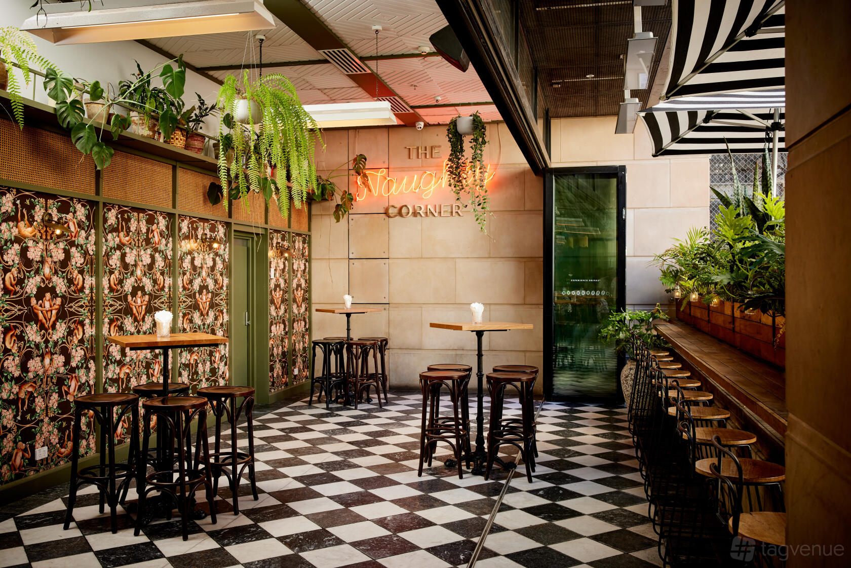 An event space in a bar with checkered floors, patterned walls, hanging plants, and bar stools at Verandah.